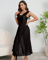 Deep V-neck Pleated Lace Side Slit Mesh Dress